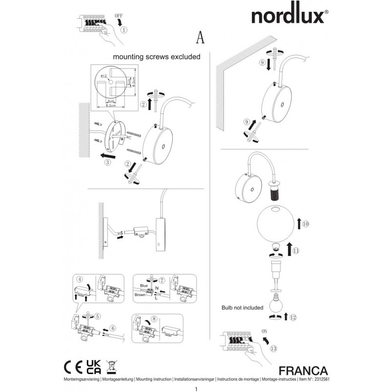 Kinkiet Nordlux Franca - Szklana Kula z Włącznikiem | Sklep