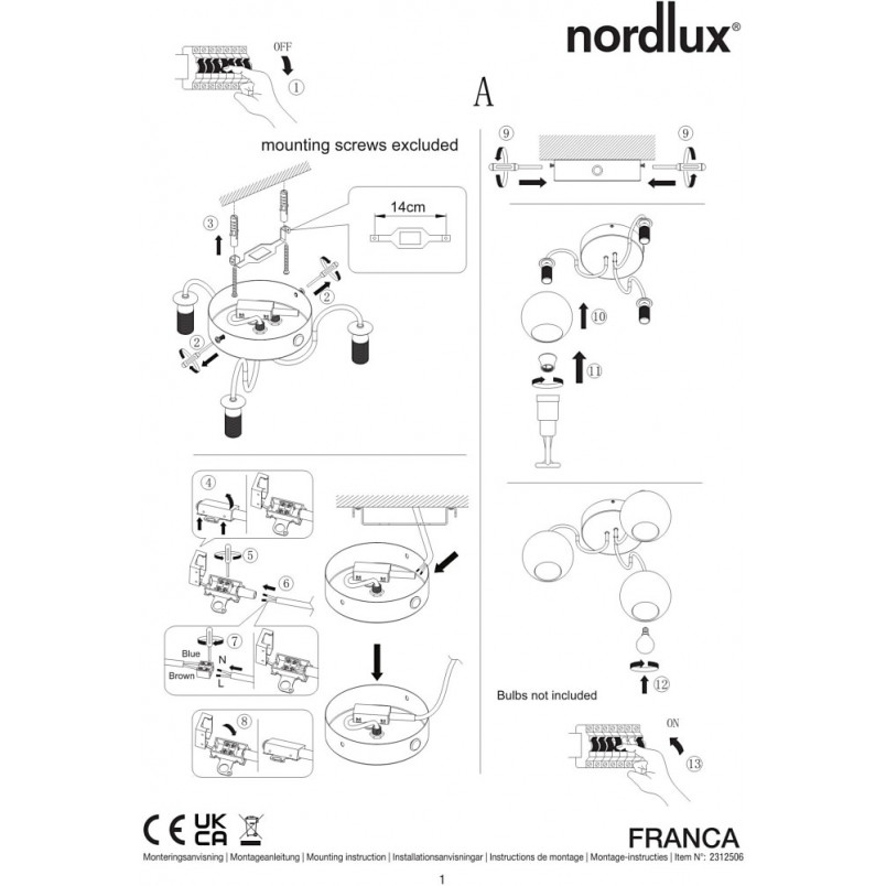 Lampa sufitowa Franca III - 3 szkła, biały/mosiądz | Nordlux