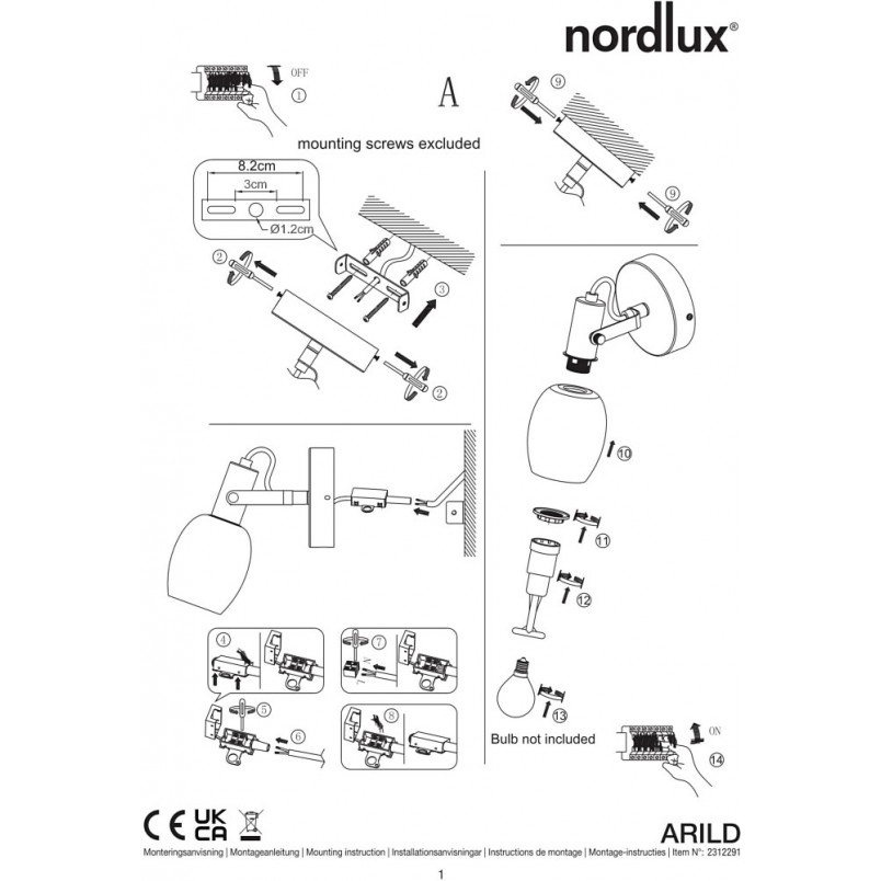Kinkiet Retro Arild Nordlux | Szkło, Biały/Czarny/Mosiądz