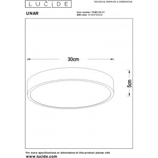 Plafon LED Unar 30cm - Ściemnialny, Biały | Lucide