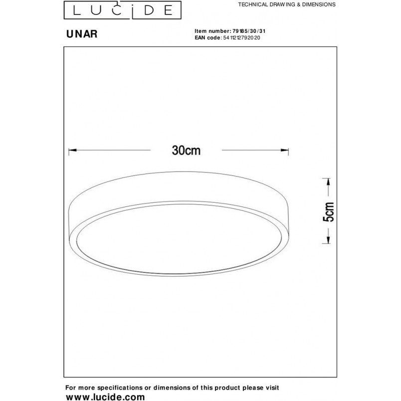 Plafon LED Unar 30cm - Ściemnialny, Biały | Lucide