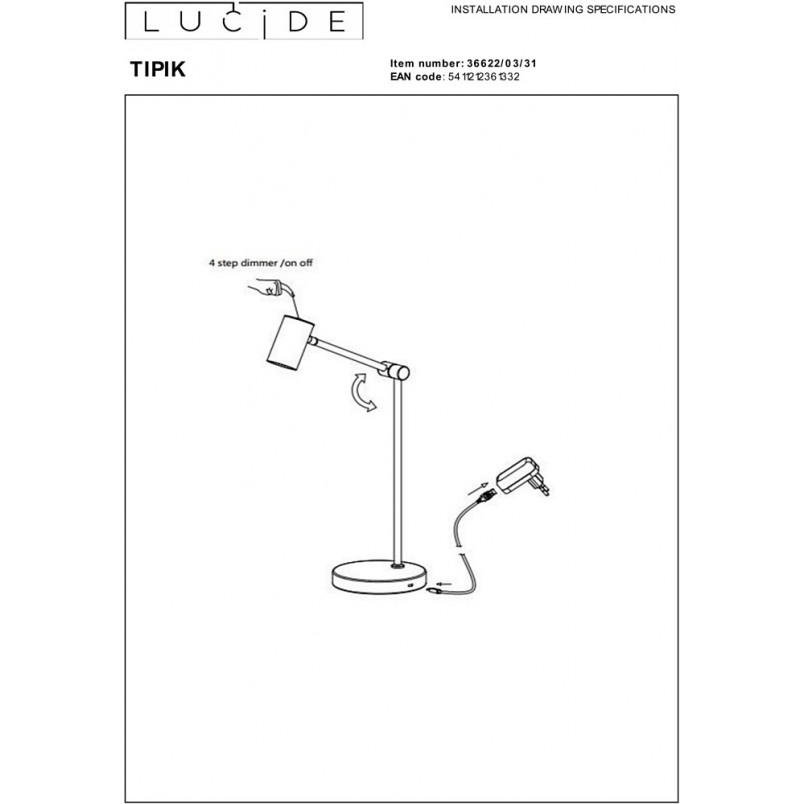 Lampa biurkowa LED Tipik - Ściemniacz, Biała | Lucide