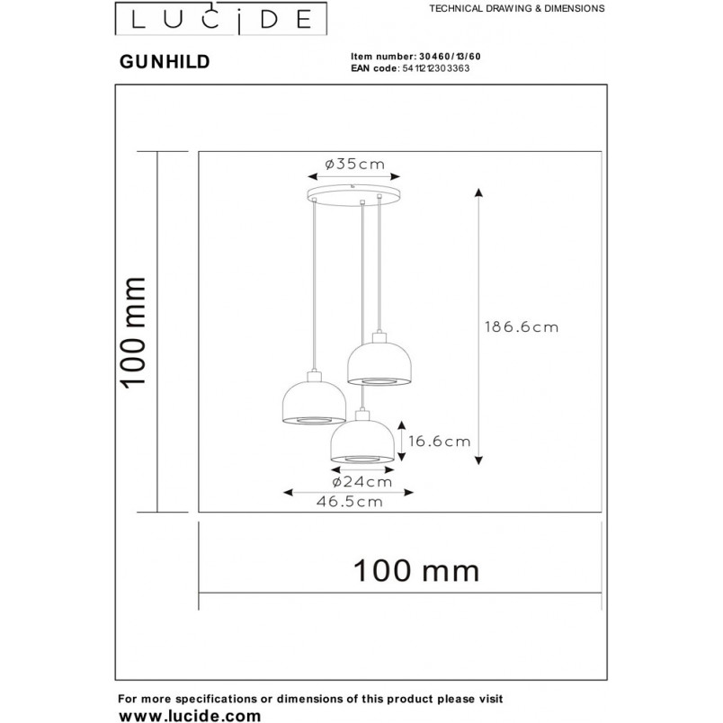 Lampa wisząca Gunhild - 3 szkła, złoto | Lucide