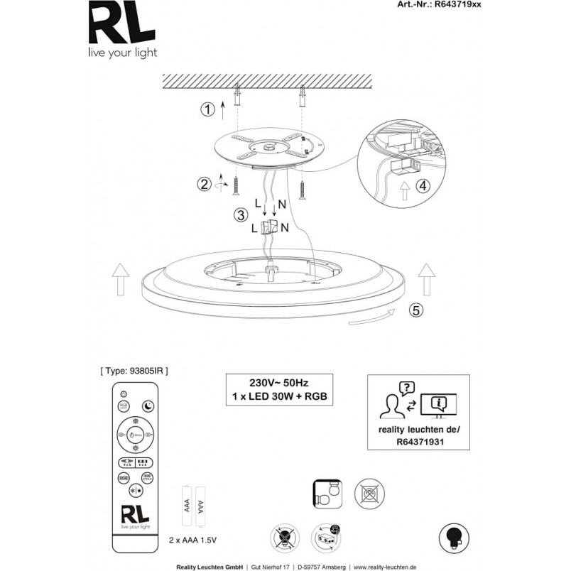 Plafon LED Aureo - ściemnianie i RGB z pilotem | Reality