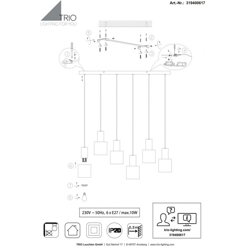 Lampa wisząca 6 punktów Trio Agudo | Nowoczesny Design