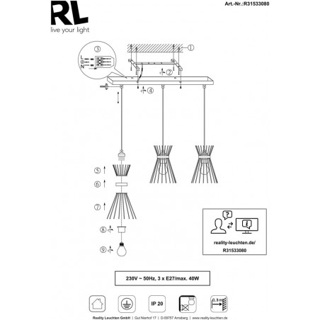 Lampa wisząca czarna metalowa 3 pkt - Reality | Loftowa
