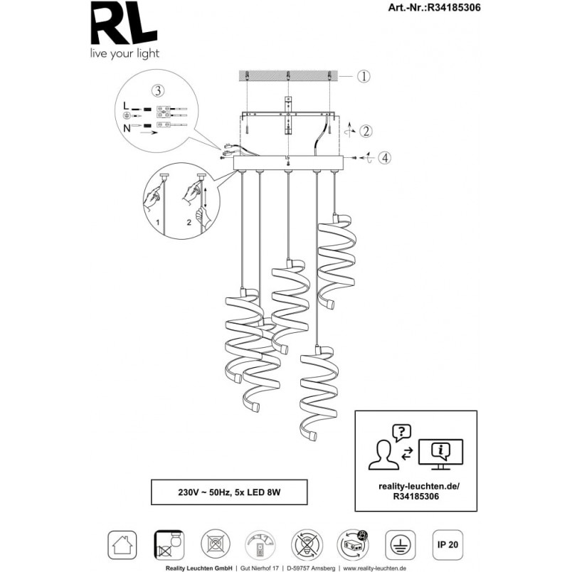 Lampa wisząca LED Reality Laola V - Nowoczesny design