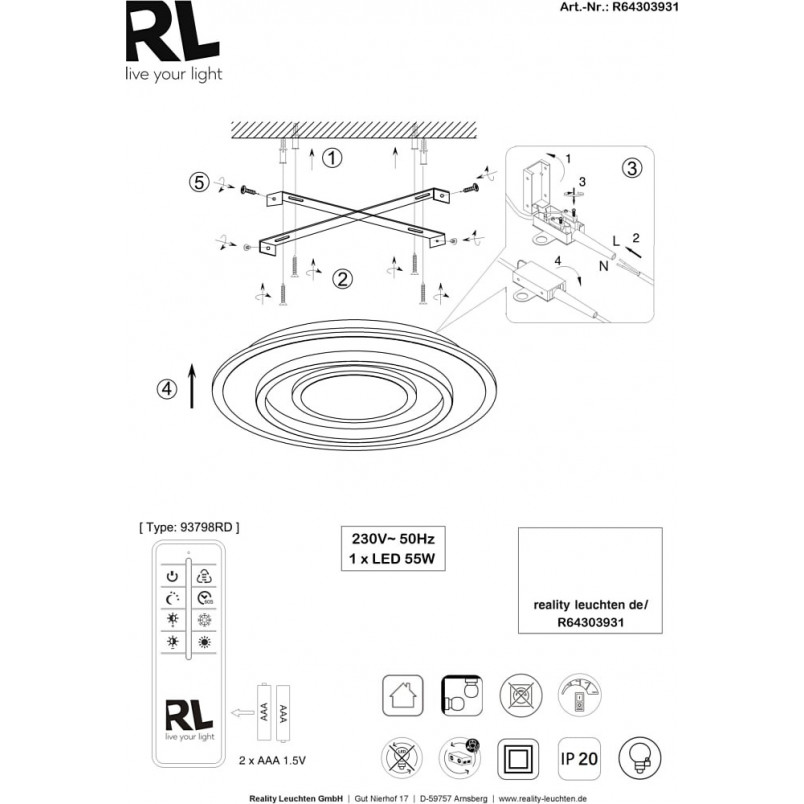 Plafon LED Jora 60cm biały - Ściemnianie pilotem | Reality
