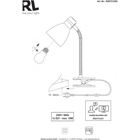 Lampa biurkowa z klipsem Harvey czarna | Reality