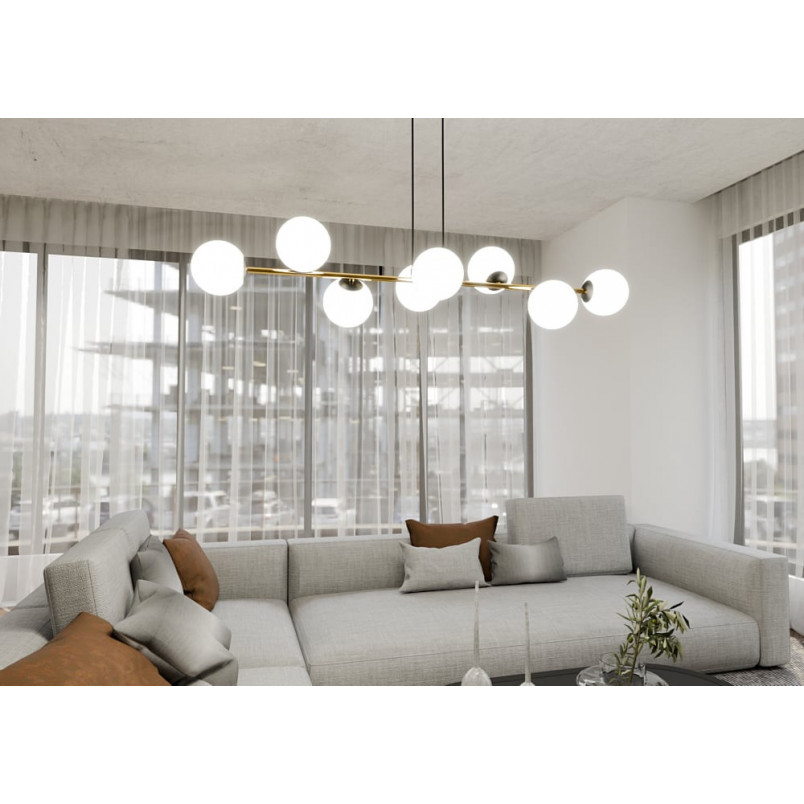 Lampa wisząca podłużna szklane kule Gravity VIII 140cm biały / złoty / czarny Emibig
