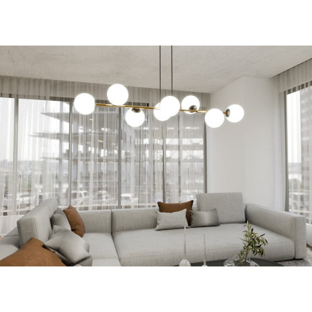 Lampa wisząca podłużna szklane kule Gravity VIII 140cm biały / złoty / czarny Emibig