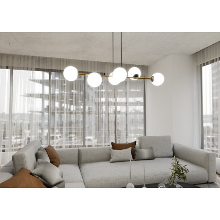 Lampa wisząca podłużna szklane kule Gravity IV 110cm biały / złoty / czarny Emibig