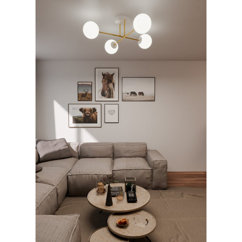 Lampa sufitowa Magnum | 4 szklane kule, biały/złoty | Emibig