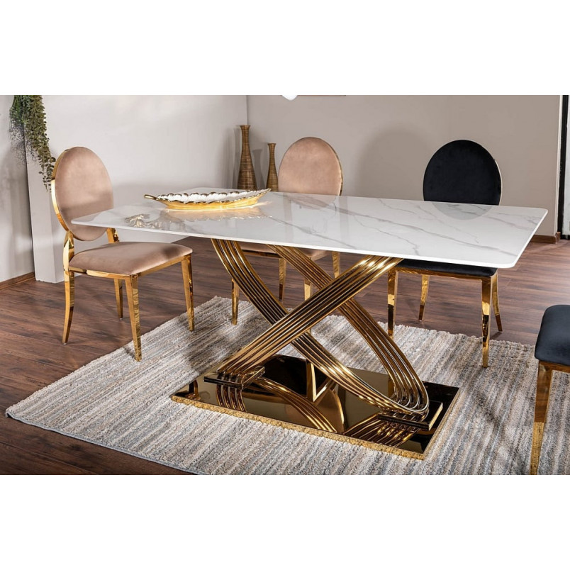 Stół ceramiczny Signal Hermes 160x90cm - Glamour, Biały Marmur, Złoty