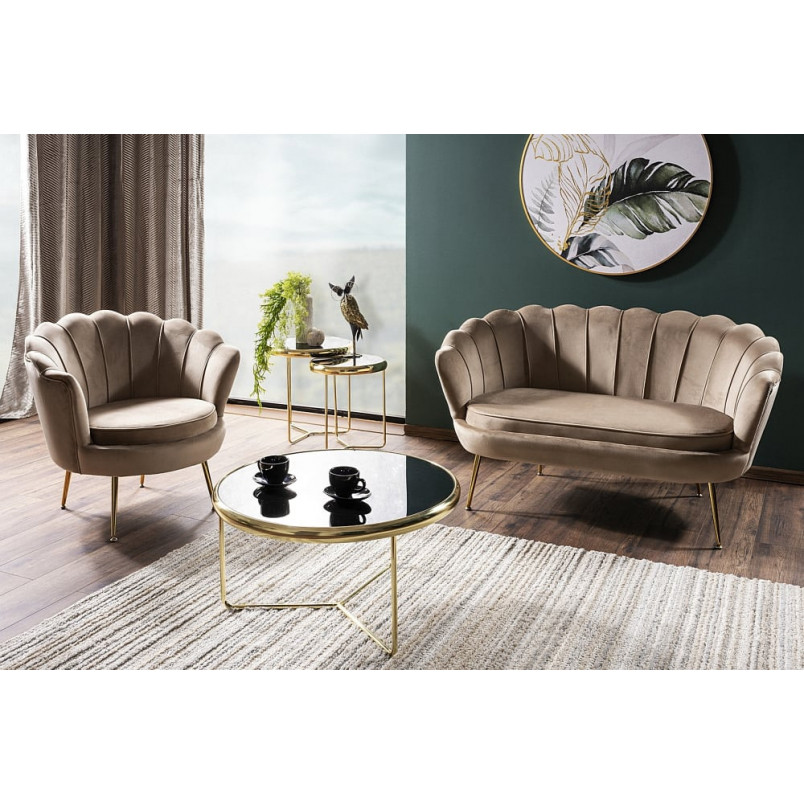 Fotel welurowy Camellia - beżowy/złoty Signal | Komfort i elegancja