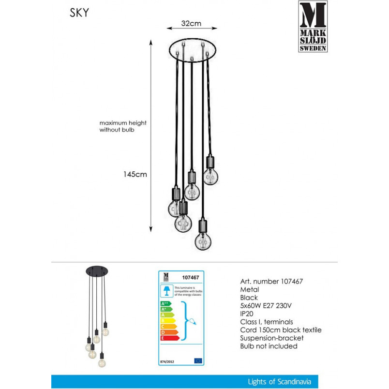 Lampa wisząca Sky V Markslojd | Industrialna, 5 punktów, Czarna