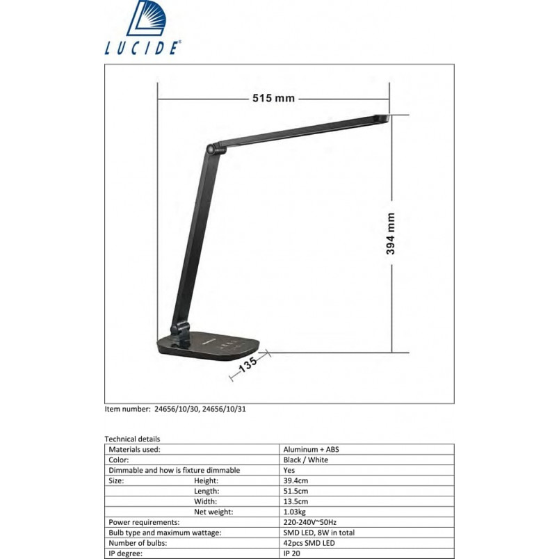 Lampa biurkowa LED Vario - Minimalistyczny design Lucide