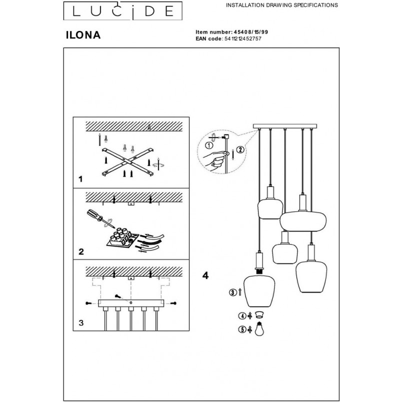 Lampa wisząca Ilona | 5 punktów, szkło, retro | Lucide