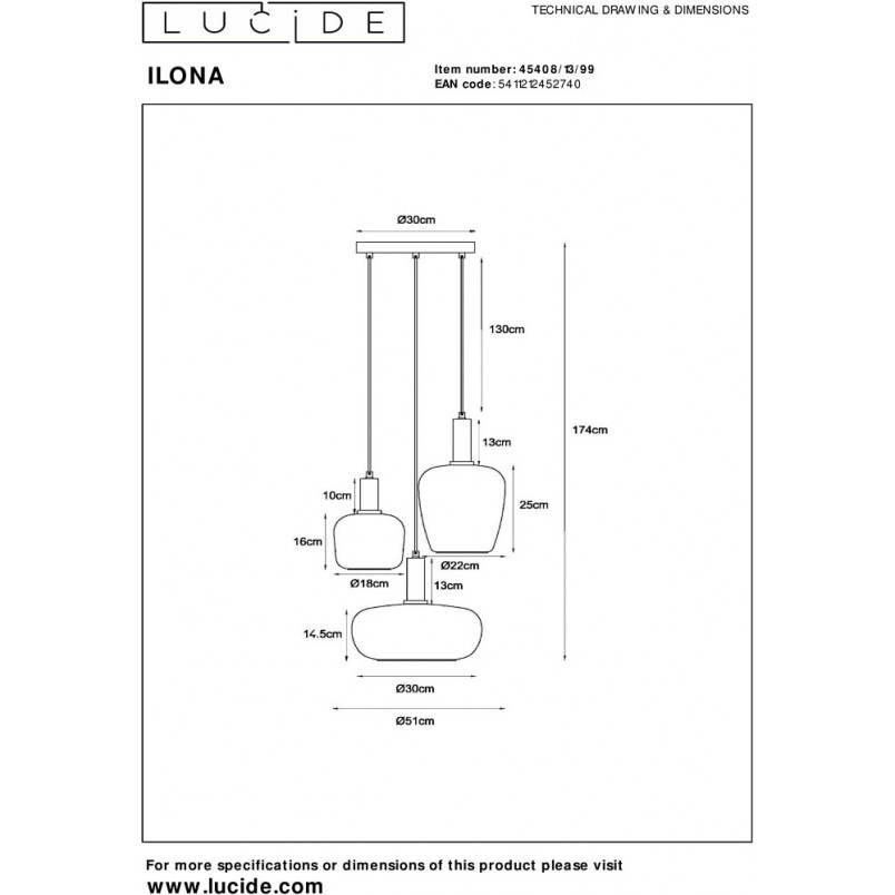Lampa wisząca Ilona | Szklana, kolorowa, 3xE27 | Lucide