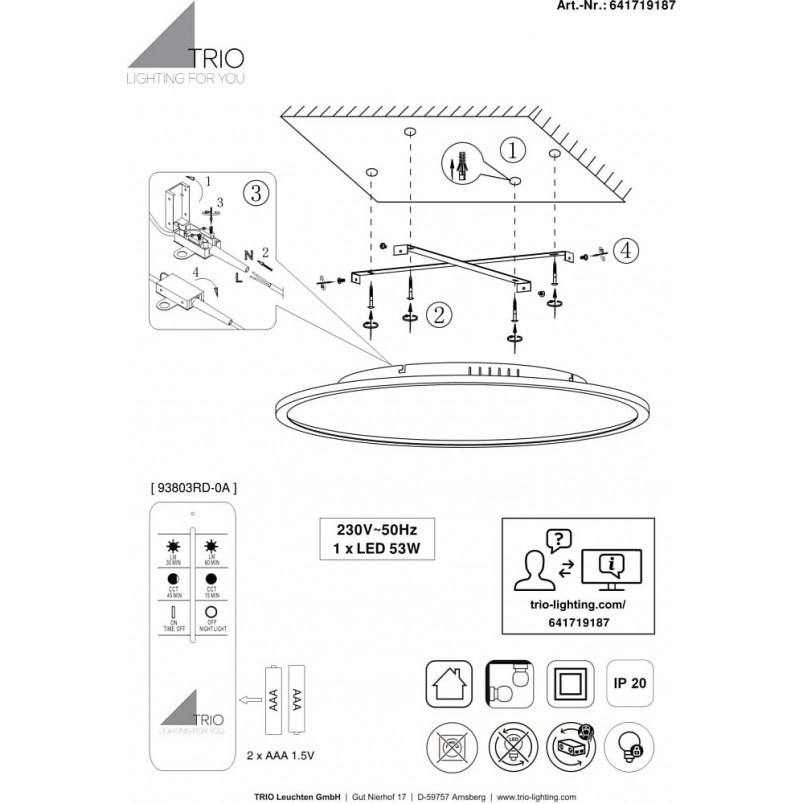 Plafon LED Trio Yuma: Ściemnianie pilotem | 100cm