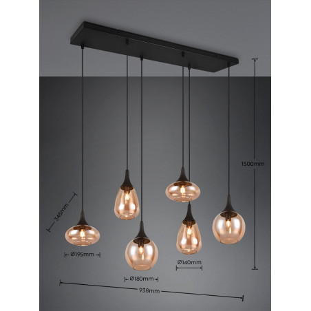 Lumina: Lampa wisząca 6 kloszy, bursztynowa/czarna - Trio