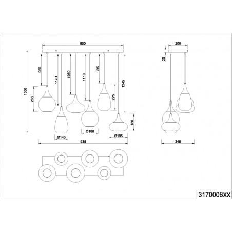 Lumina: Lampa wisząca 6 kloszy, bursztynowa/czarna - Trio