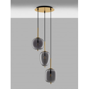 Lampa wisząca szklana potrójna glamour Tamo 46cm szkło dymione / złoty mosiądz