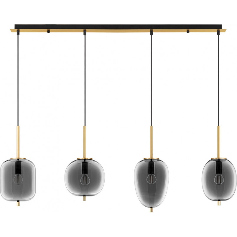 Lampa wisząca szklana Tamo | 4 punkty, szkło dymione, złoty mosiądz