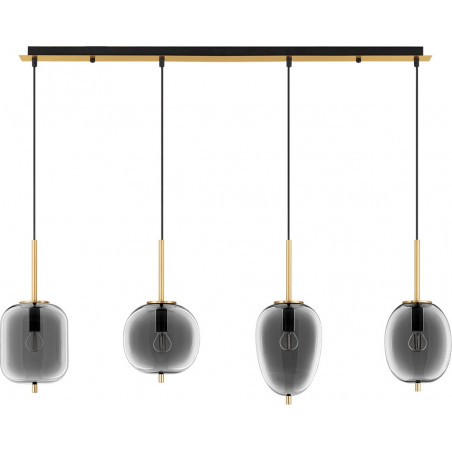 Lampa wisząca szklana Tamo | 4 punkty, szkło dymione, złoty mosiądz