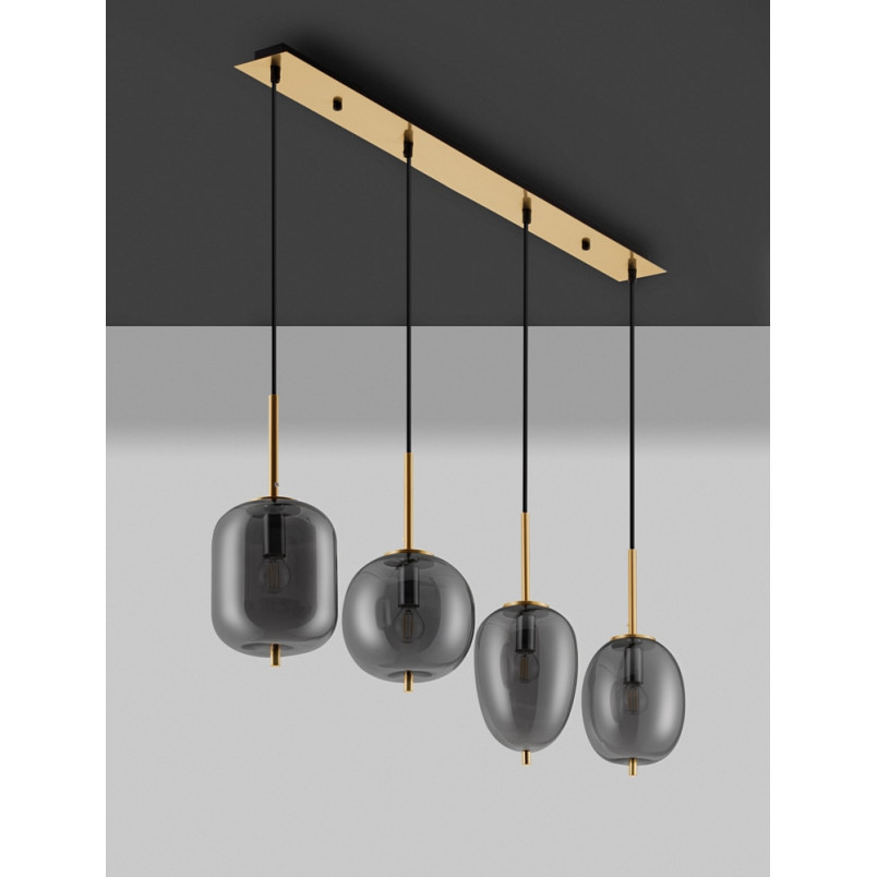 Lampa wisząca szklana Tamo | 4 punkty, szkło dymione, złoty mosiądz