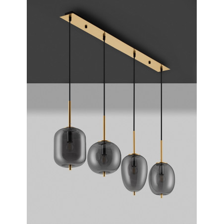 Lampa wisząca szklana Tamo | 4 punkty, szkło dymione, złoty mosiądz
