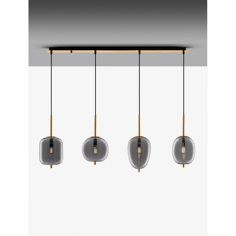 Lampa wisząca szklana Tamo | 4 punkty, szkło dymione, złoty mosiądz