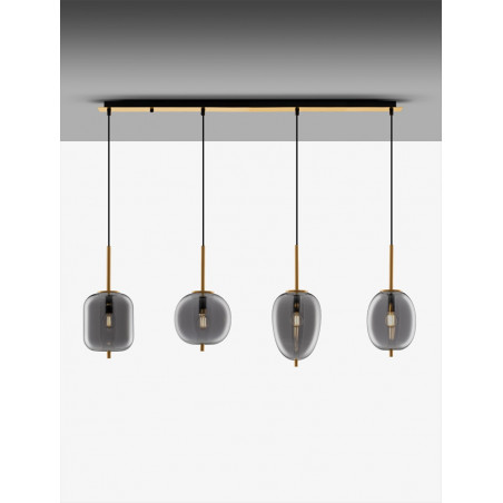 Lampa wisząca szklana Tamo | 4 punkty, szkło dymione, złoty mosiądz