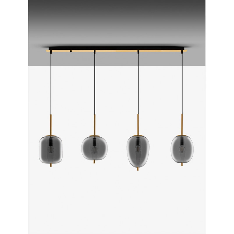 Lampa wisząca szklana Tamo | 4 punkty, szkło dymione, złoty mosiądz