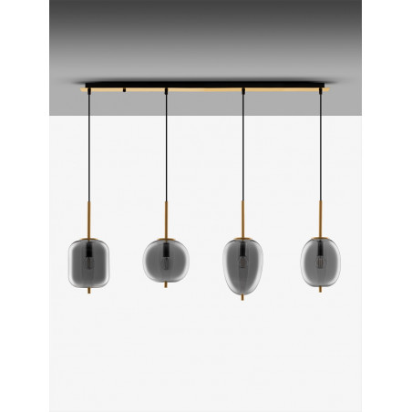 Lampa wisząca szklana Tamo | 4 punkty, szkło dymione, złoty mosiądz