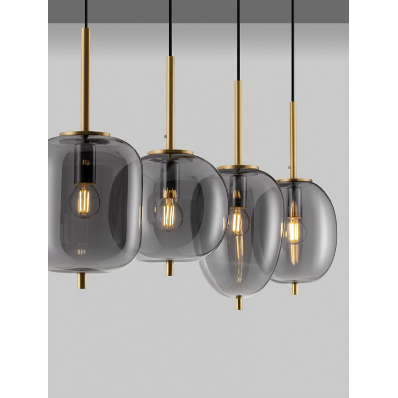Lampa wisząca szklana Tamo | 4 punkty, szkło dymione, złoty mosiądz