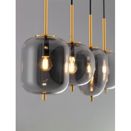 Lampa wisząca szklana Tamo | 4 punkty, szkło dymione, złoty mosiądz