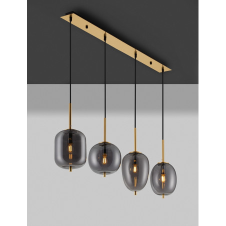 Lampa wisząca szklana Tamo | 4 punkty, szkło dymione, złoty mosiądz