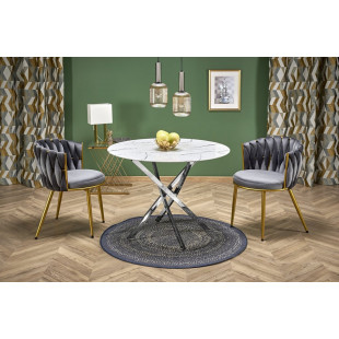 Stół szklany glamour Raymond 100cm biały marmur / srebrny Halmar