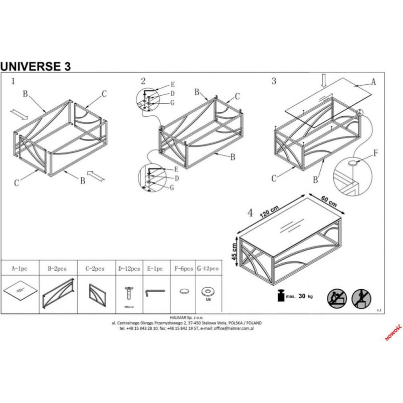 Stolik glamour Universe III biały marmur - Halmar | 120x60cm