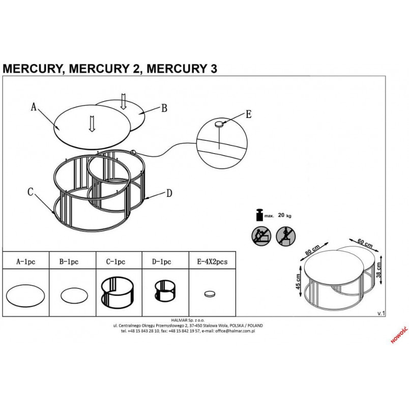 Zestaw stolików glamour Mercury | Biały marmur / Złoty | Halmar