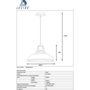 Lampa Wisząca Industrialna Markit | Szara | Lucide