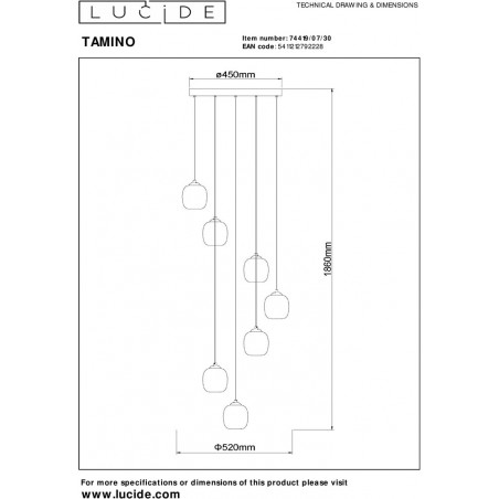 Lampa Wisząca Lucide Tamino LED - Szkło Dymione, 7 Punktów