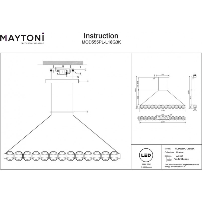 Lampa Wisząca Glamour Maytoni Amulet LED | 110cm, Złoto