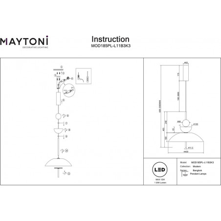 Lampa Wisząca Maytoni Bangkok LED | Szklana, Szara, 40cm
