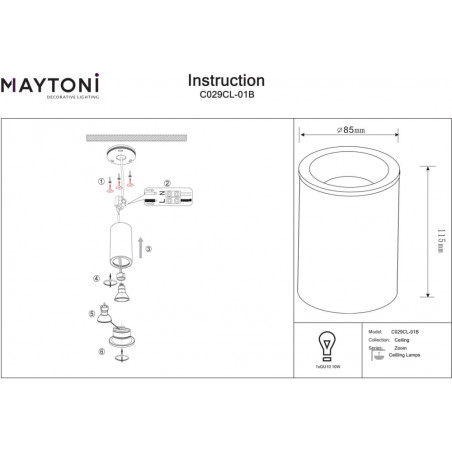 Lampa spot tuba Maytoni Zoom GU10 czarna | Downlight do łazienki