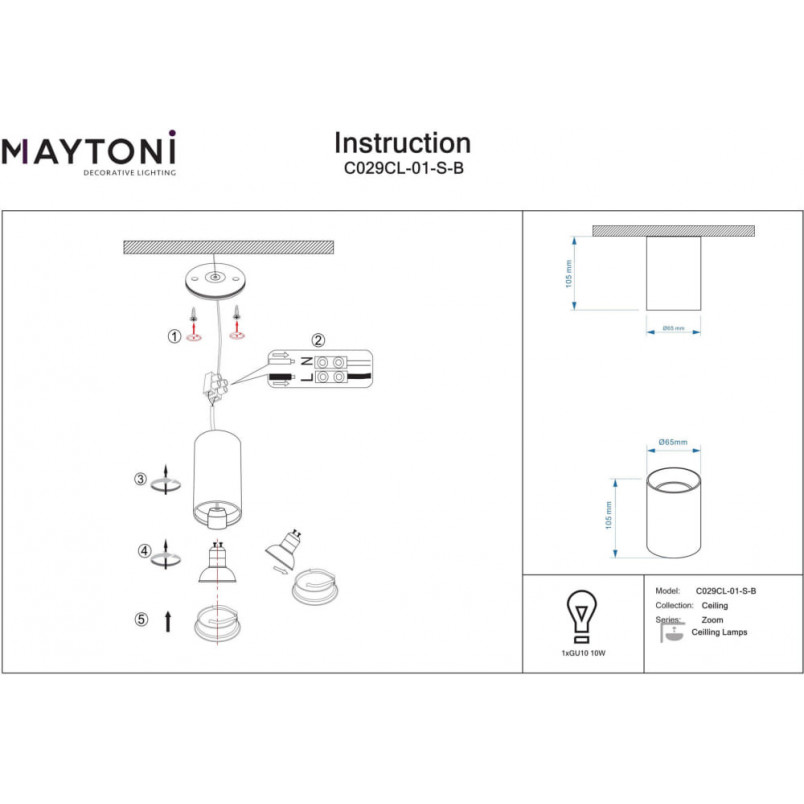 Lampa spot tuba czarna Maytoni Zoom GU10 | Downlight do łazienki