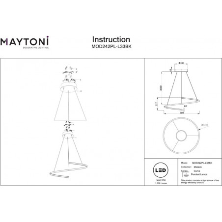 Lampa wisząca Curve LED czarna Maytoni | Nowoczesny design