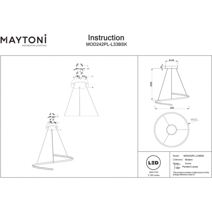 Lampa wisząca Curve LED mosiężna Maytoni | Nowoczesny Design