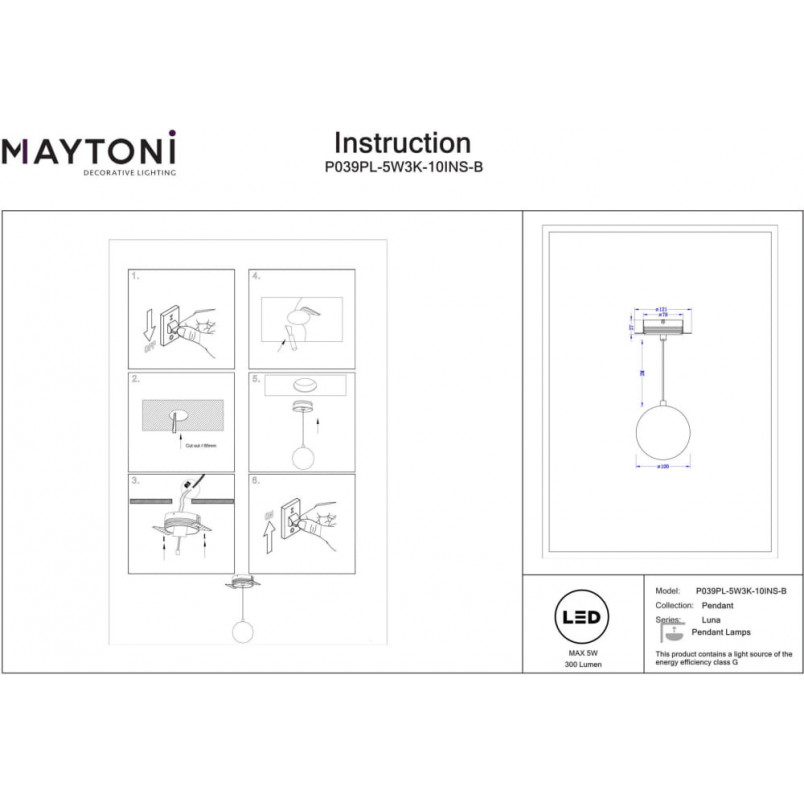 Lampa wisząca Luna LED Maytoni | Biało-czarna kula 10cm